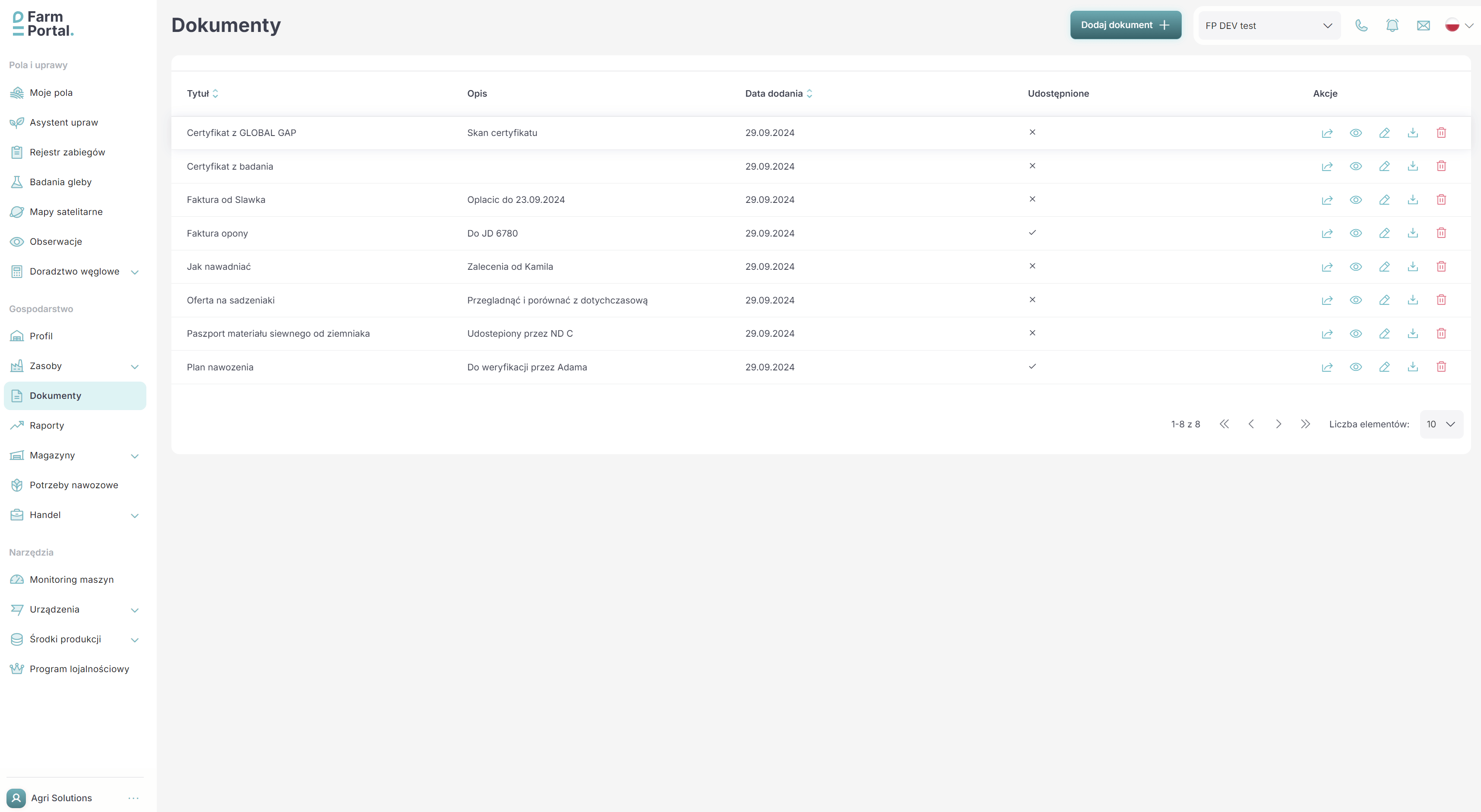 FarmPortal – zrzut ekranu systemu zarządzania gospodarstwem FMS